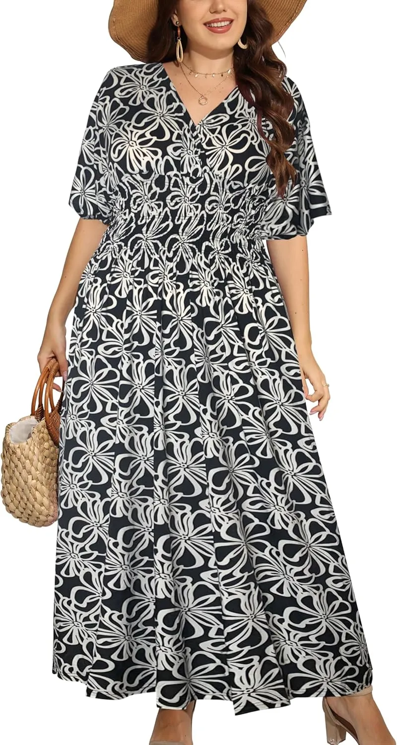 OSTOO Women's Plus Size Hawaii Empire Waist Bat Short Sleeve Casual Floral Print Boho Maxi Dress