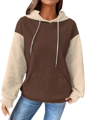 Oversized Hoodies for Women Color Block Waffle Sweatshirts Casual Drawstring Pullover with Pockets Fall Clothes