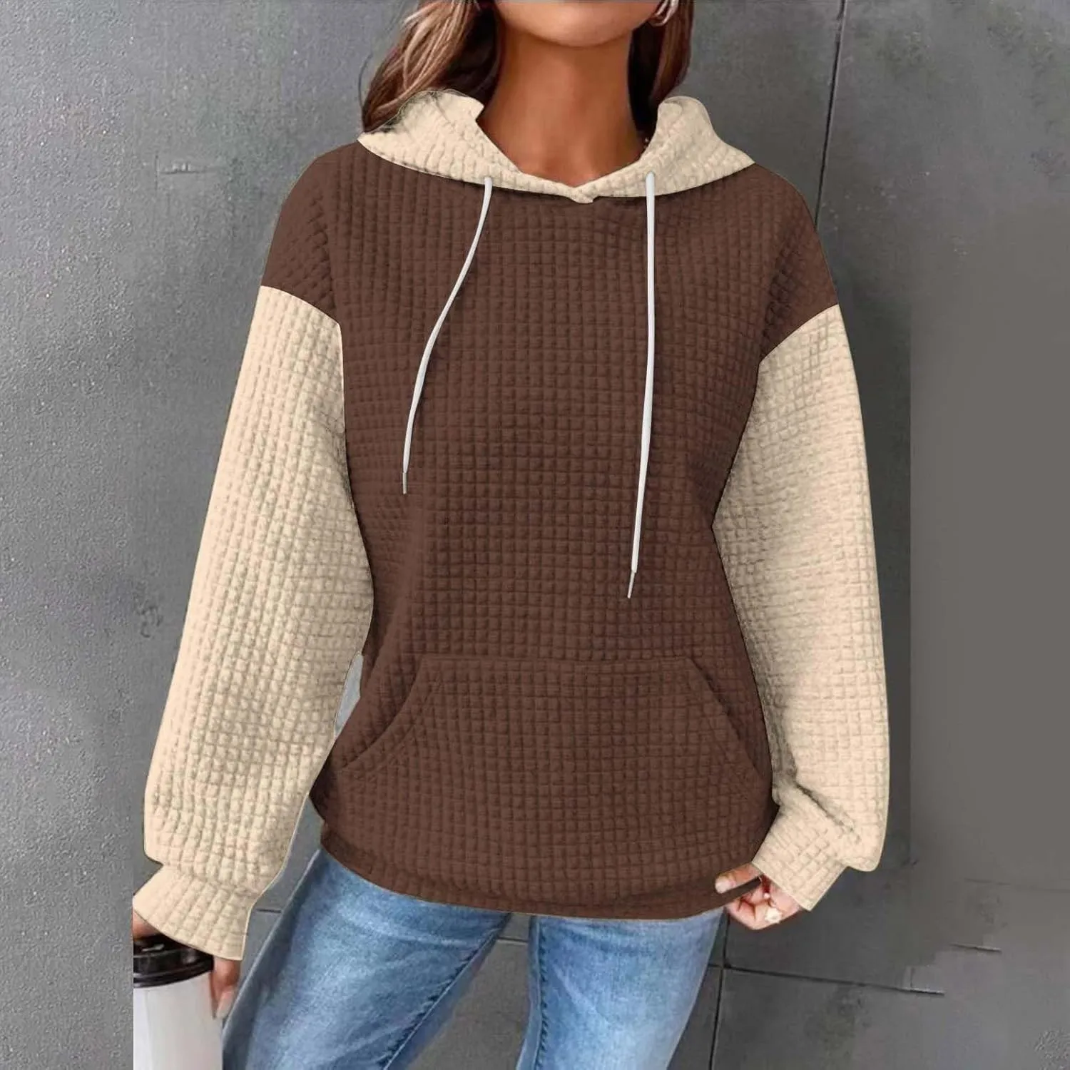 Oversized Hoodies for Women Color Block Waffle Sweatshirts Casual Drawstring Pullover with Pockets Fall Clothes
