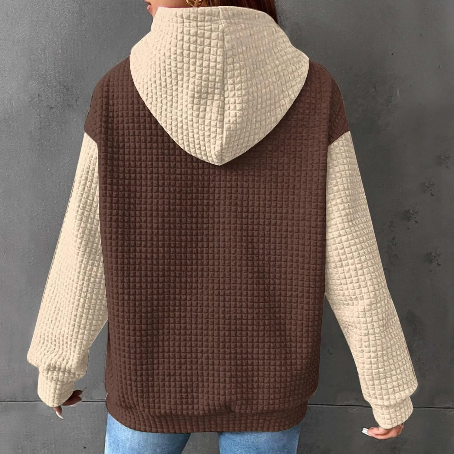 Oversized Hoodies for Women Color Block Waffle Sweatshirts Casual Drawstring Pullover with Pockets Fall Clothes