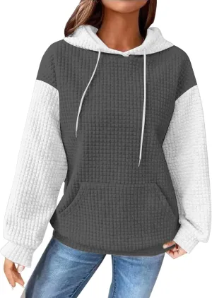 Oversized Hoodies for Women Color Block Waffle Sweatshirts Casual Drawstring Pullover with Pockets Fall Clothes
