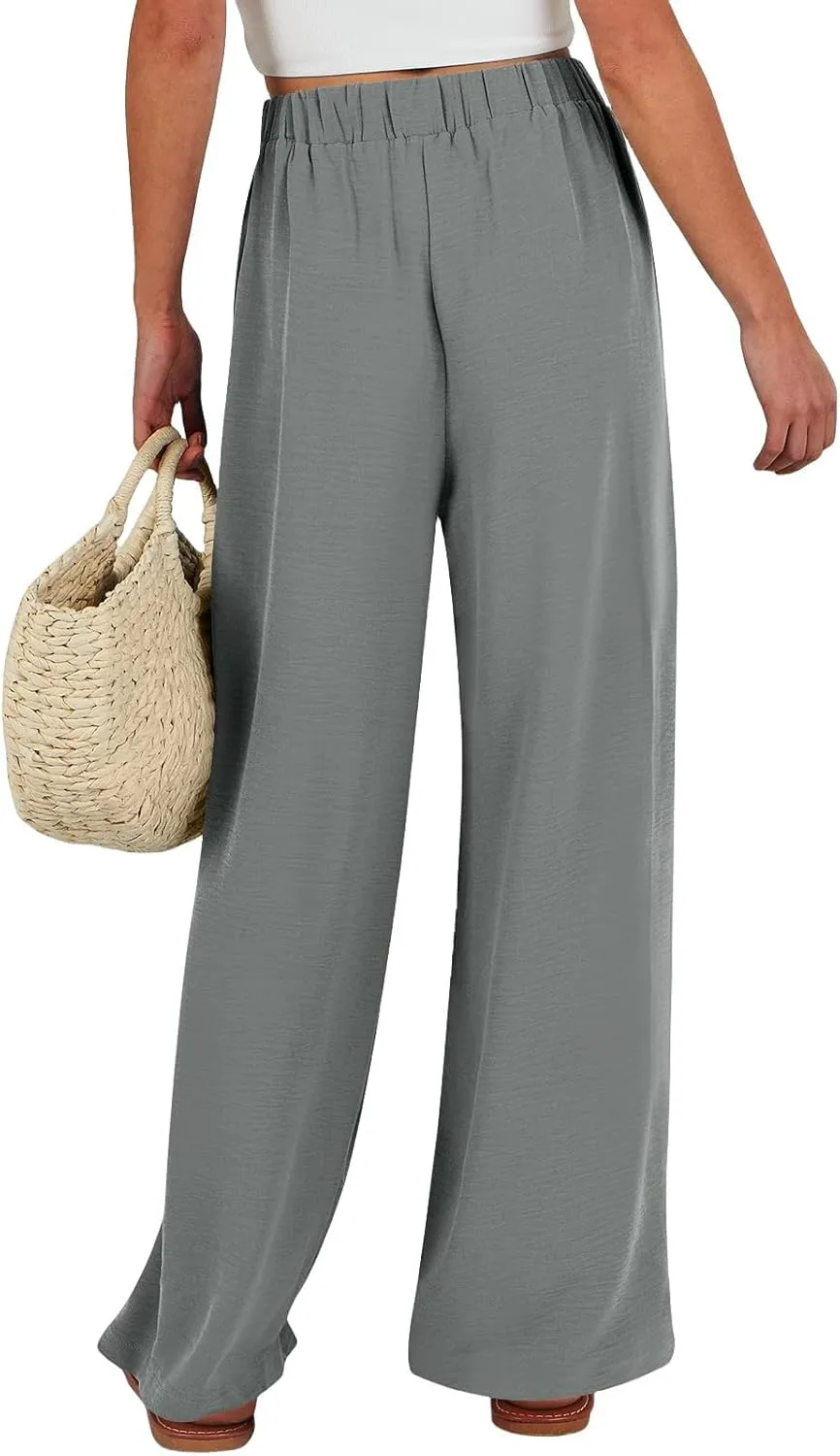 Palazzo Pants for Women Casual Dressy Tie High Waisted Wide Leg Linen Pants Baggy Flowy Boho Beach Pants with Pockets
