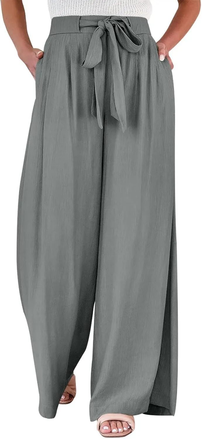 Palazzo Pants for Women Casual Dressy Tie High Waisted Wide Leg Linen Pants Baggy Flowy Boho Beach Pants with Pockets