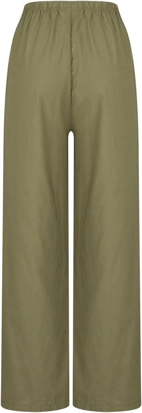 Palazzo Pants for Women Cotton Linen Summer Lounge Pants Casual Comfy Elastic Side Slit Wide Leg Beach Trousers