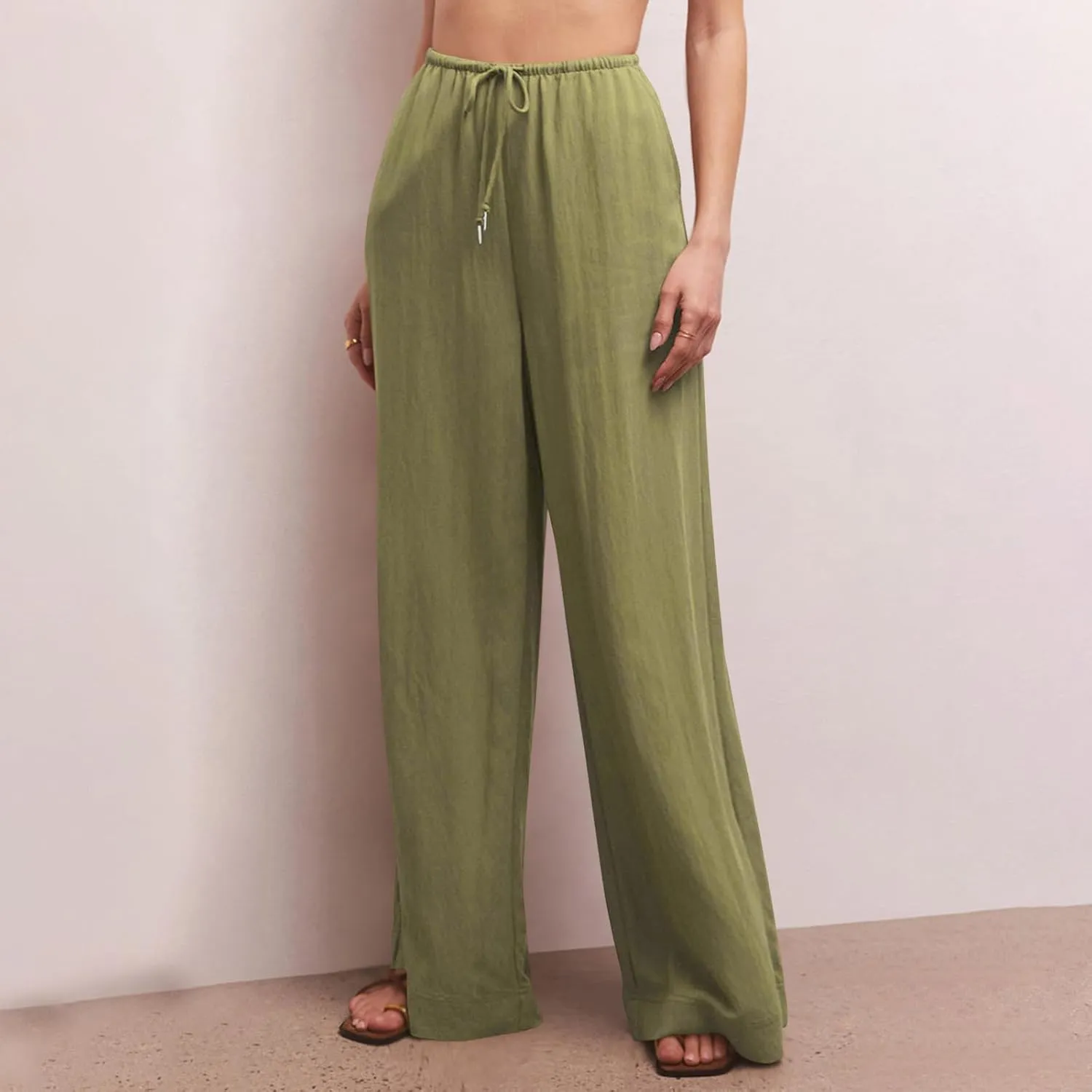 Palazzo Pants for Women Cotton Linen Summer Lounge Pants Casual Comfy Elastic Side Slit Wide Leg Beach Trousers