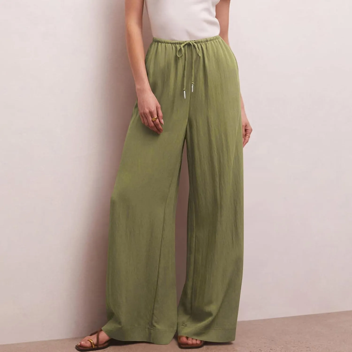 Palazzo Pants for Women Cotton Linen Summer Lounge Pants Casual Comfy Elastic Side Slit Wide Leg Beach Trousers