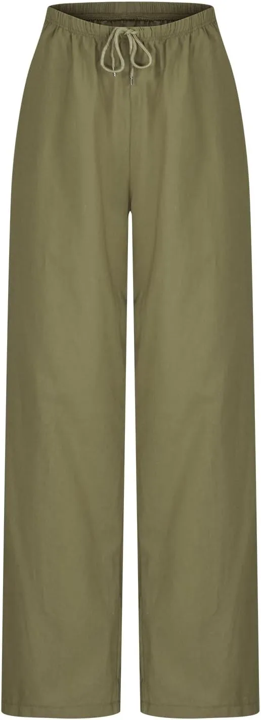 Palazzo Pants for Women Cotton Linen Summer Lounge Pants Casual Comfy Elastic Side Slit Wide Leg Beach Trousers