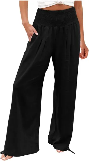 Palazzo Pants for Women Summer Wide Leg High Waist Linen Pants Loose Fitting Casual Flowy Trousers with Pockets