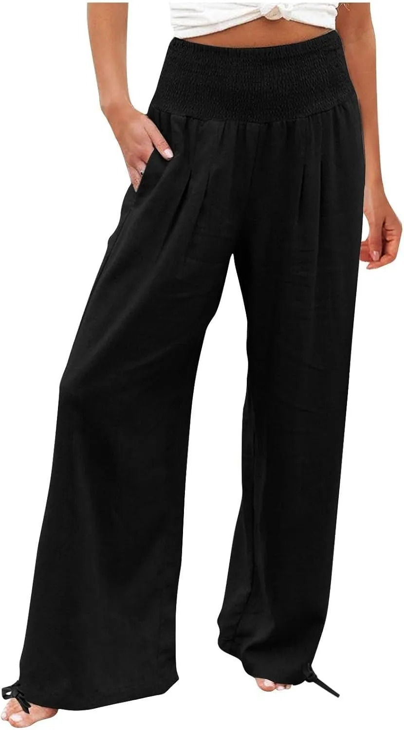 Palazzo Pants for Women Summer Wide Leg High Waist Linen Pants Loose Fitting Casual Flowy Trousers with Pockets