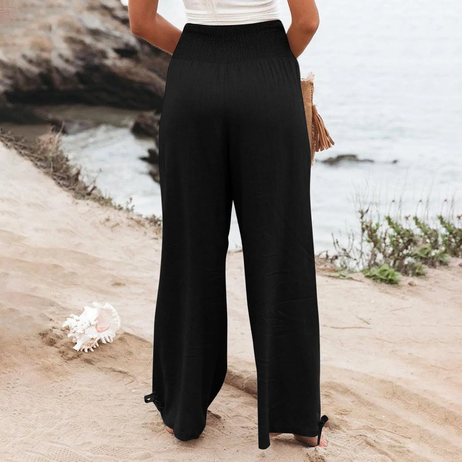 Palazzo Pants for Women Summer Wide Leg High Waist Linen Pants Loose Fitting Casual Flowy Trousers with Pockets