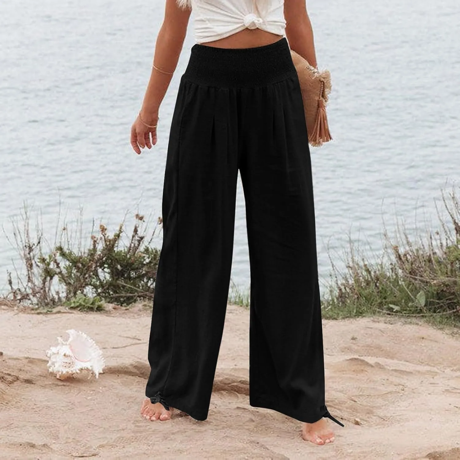Palazzo Pants for Women Summer Wide Leg High Waist Linen Pants Loose Fitting Casual Flowy Trousers with Pockets
