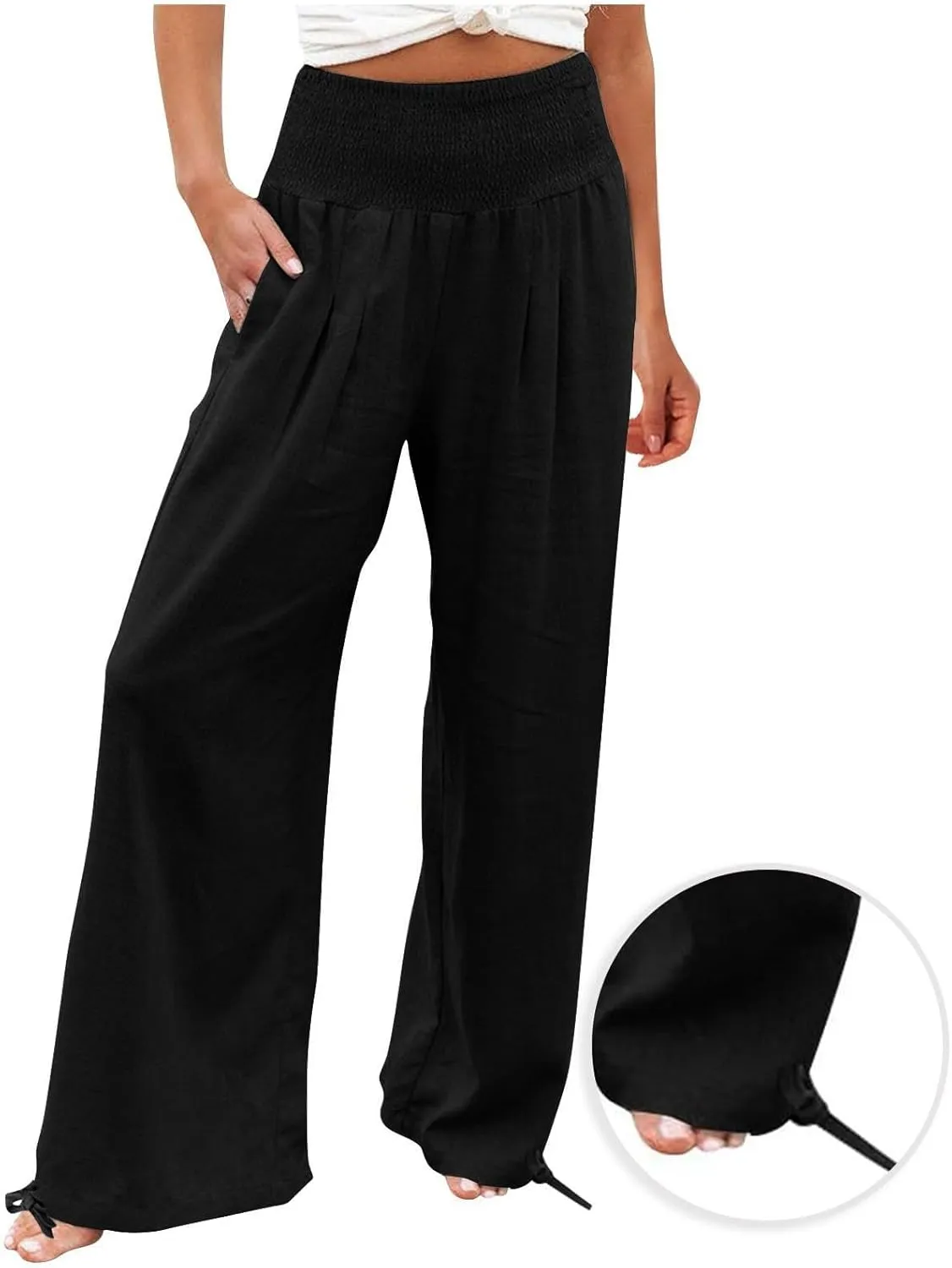 Palazzo Pants for Women Summer Wide Leg High Waist Linen Pants Loose Fitting Casual Flowy Trousers with Pockets