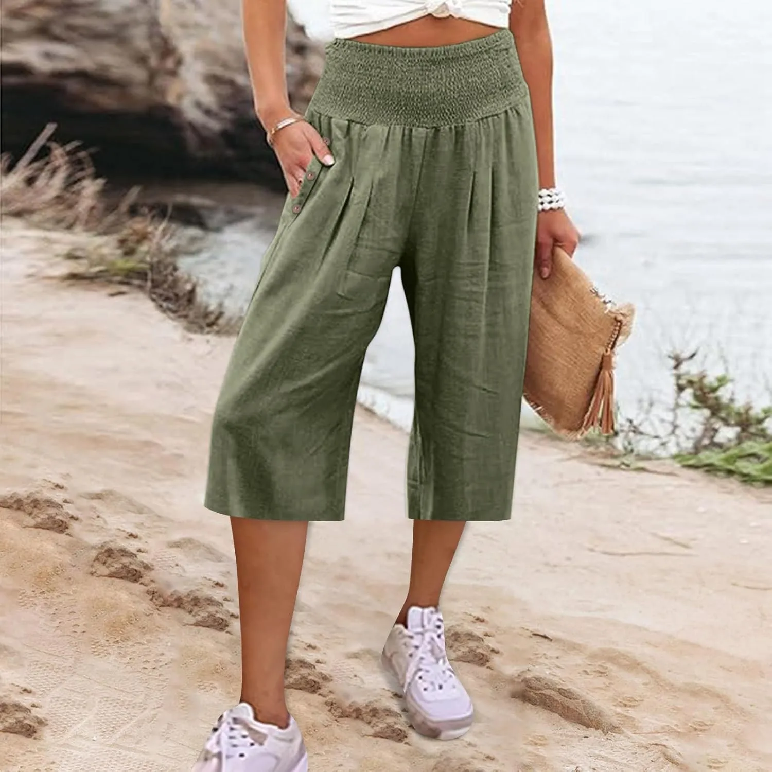Pants for Women, Capri Pants Tummy Control with Pockets High Waist Wide