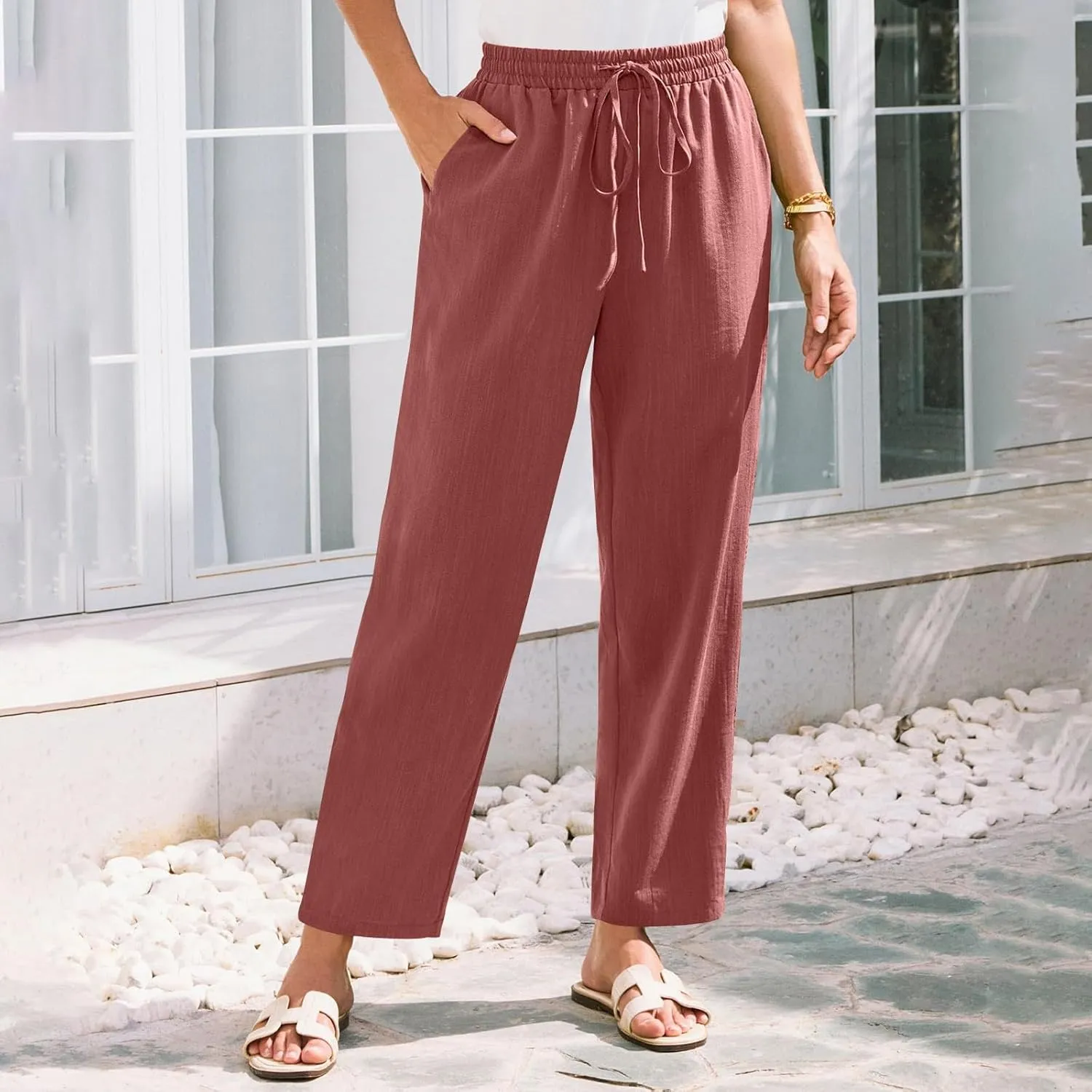 Pants for Women, Linen Print Casual Pants Peasant Straight Leg Cotton Plus