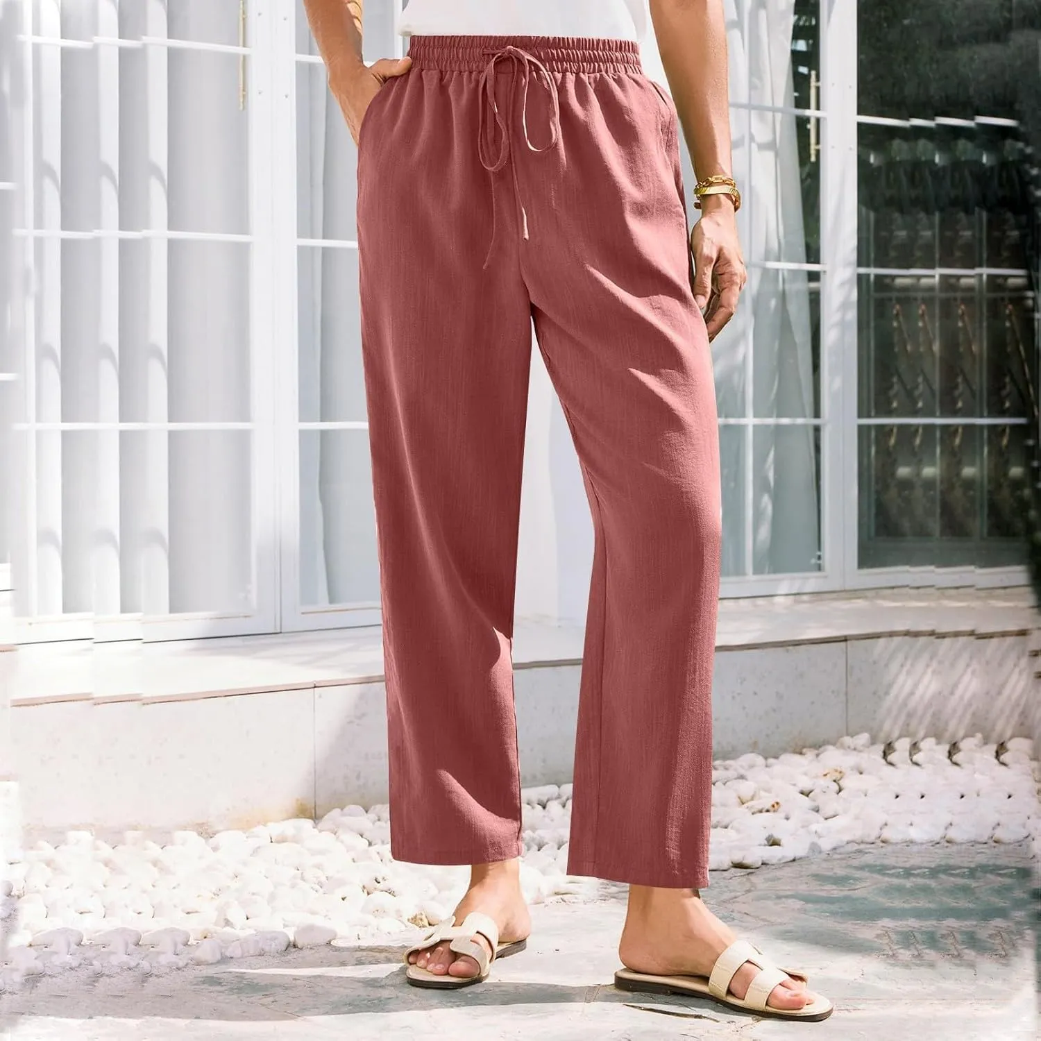 Pants for Women, Linen Print Casual Pants Peasant Straight Leg Cotton Plus