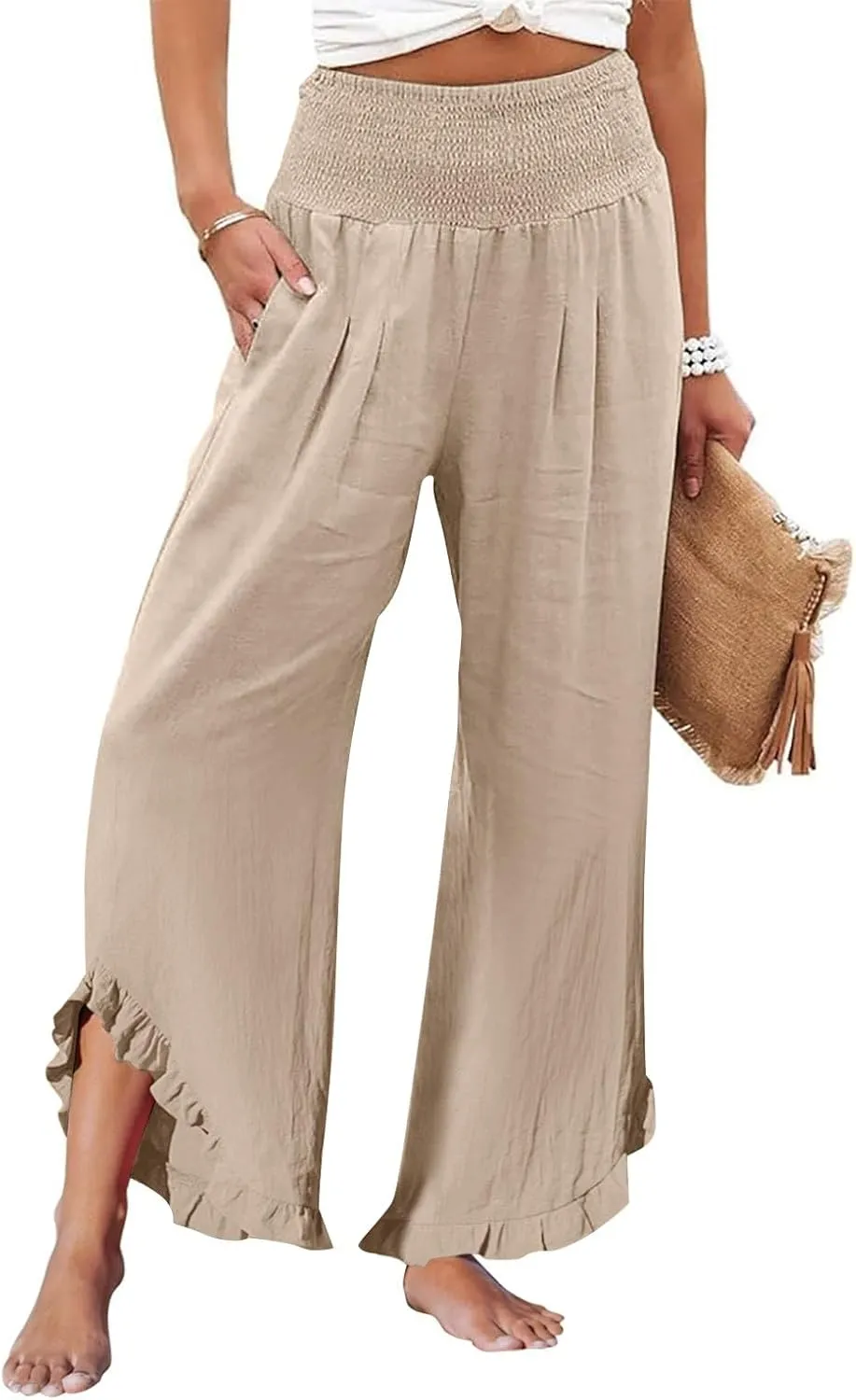 Pants for Women, Straight Leg Summer High Waisted Linen Pants Wide Palazzo