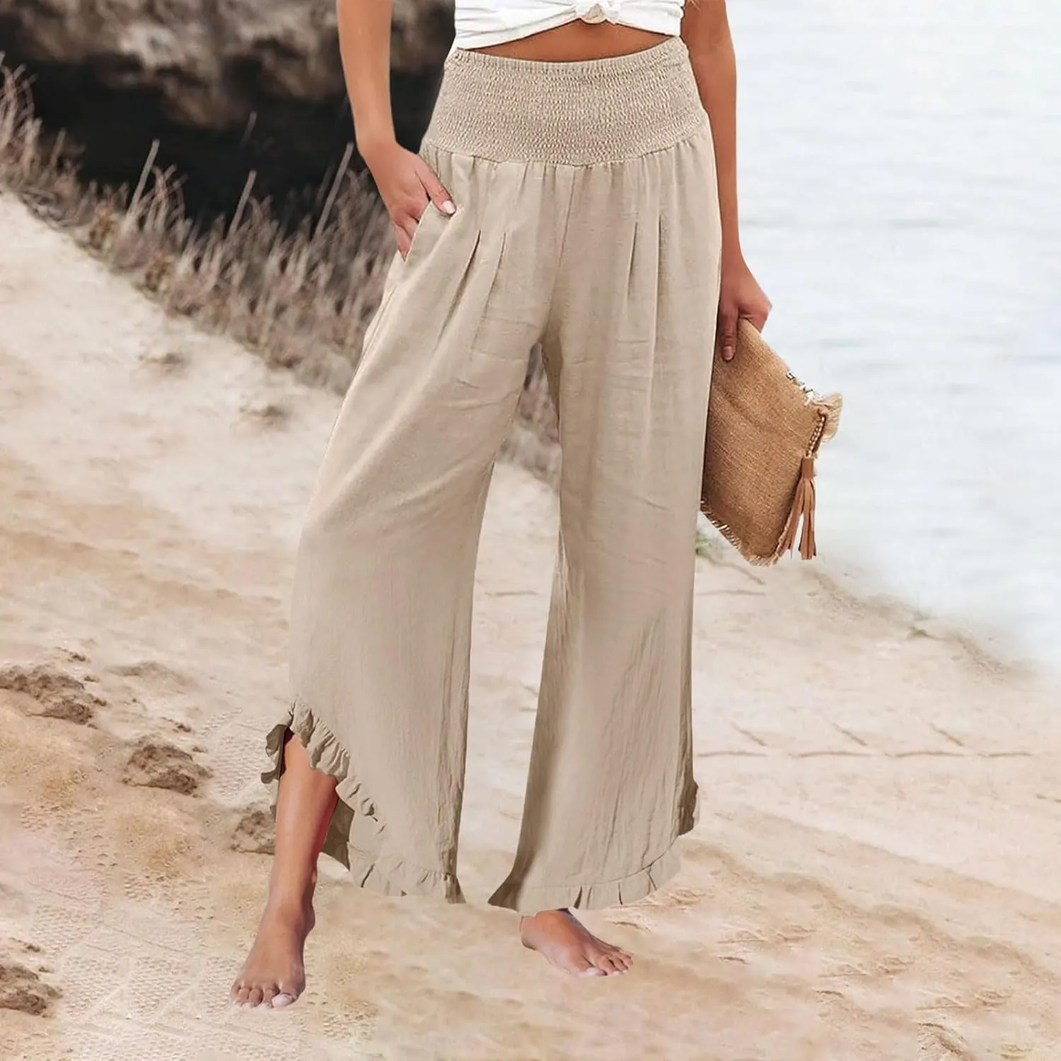 Pants for Women, Straight Leg Summer High Waisted Linen Pants Wide Palazzo