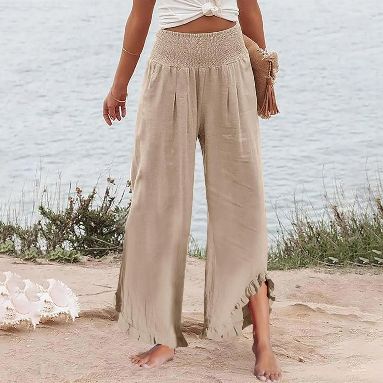 Pants for Women, Straight Leg Summer High Waisted Linen Pants Wide Palazzo