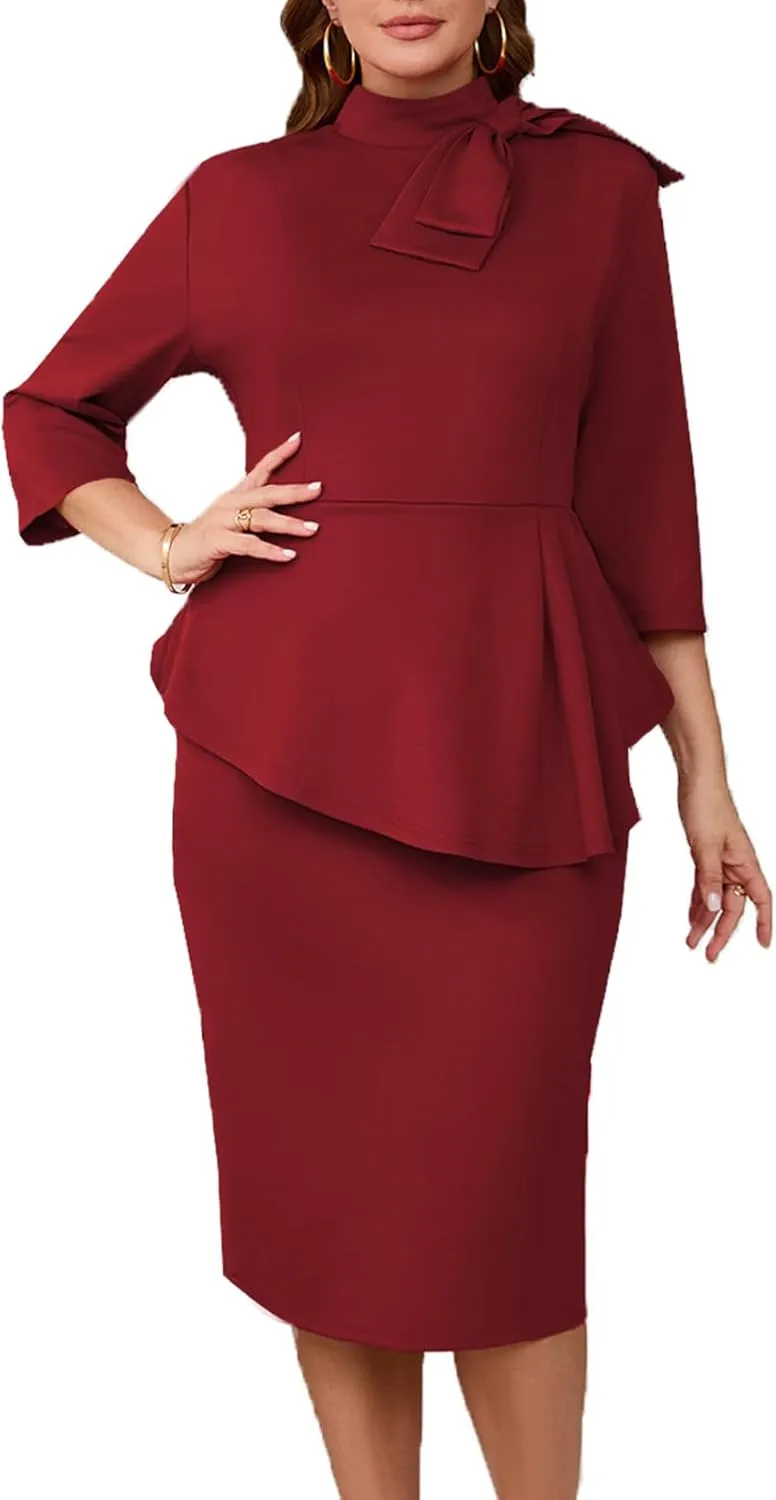 Plus Size Dress for Curvy Women Semi Formal Cocktail Party Midi Dress Bodycon Long Sleeve Bow Ruffle Pencil Dresses