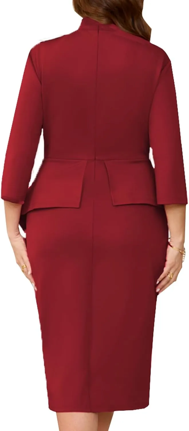 Plus Size Dress for Curvy Women Semi Formal Cocktail Party Midi Dress Bodycon Long Sleeve Bow Ruffle Pencil Dresses