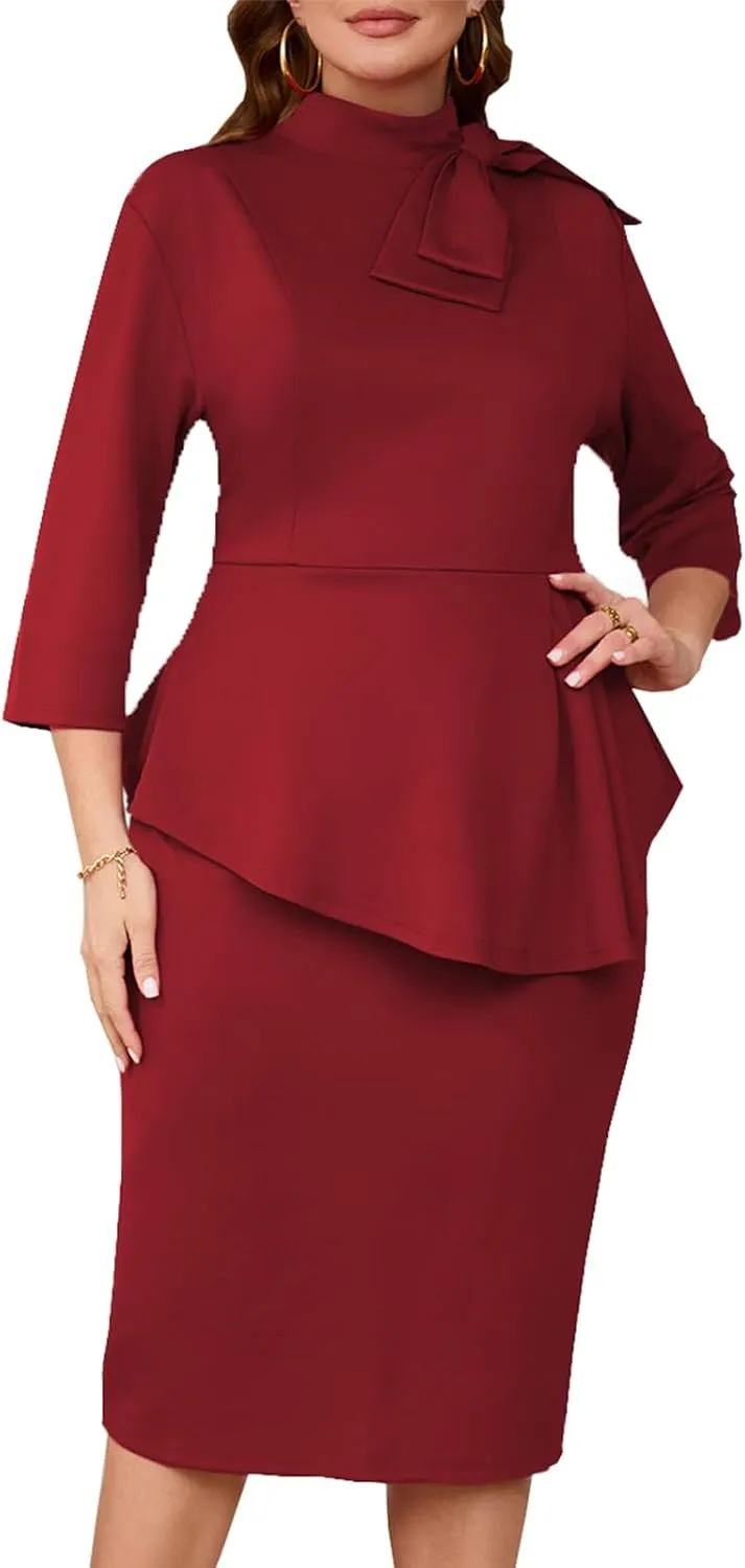 Plus Size Dress for Curvy Women Semi Formal Cocktail Party Midi Dress Bodycon Long Sleeve Bow Ruffle Pencil Dresses