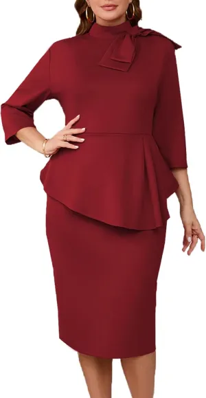 Plus Size Dress for Curvy Women Semi Formal Cocktail Party Midi Dress Bodycon Long Sleeve Bow Ruffle Pencil Dresses