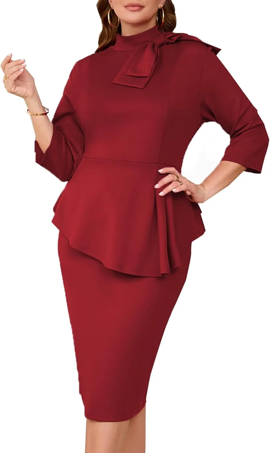 Plus Size Dress for Curvy Women Semi Formal Cocktail Party Midi Dress Bodycon Long Sleeve Bow Ruffle Pencil Dresses