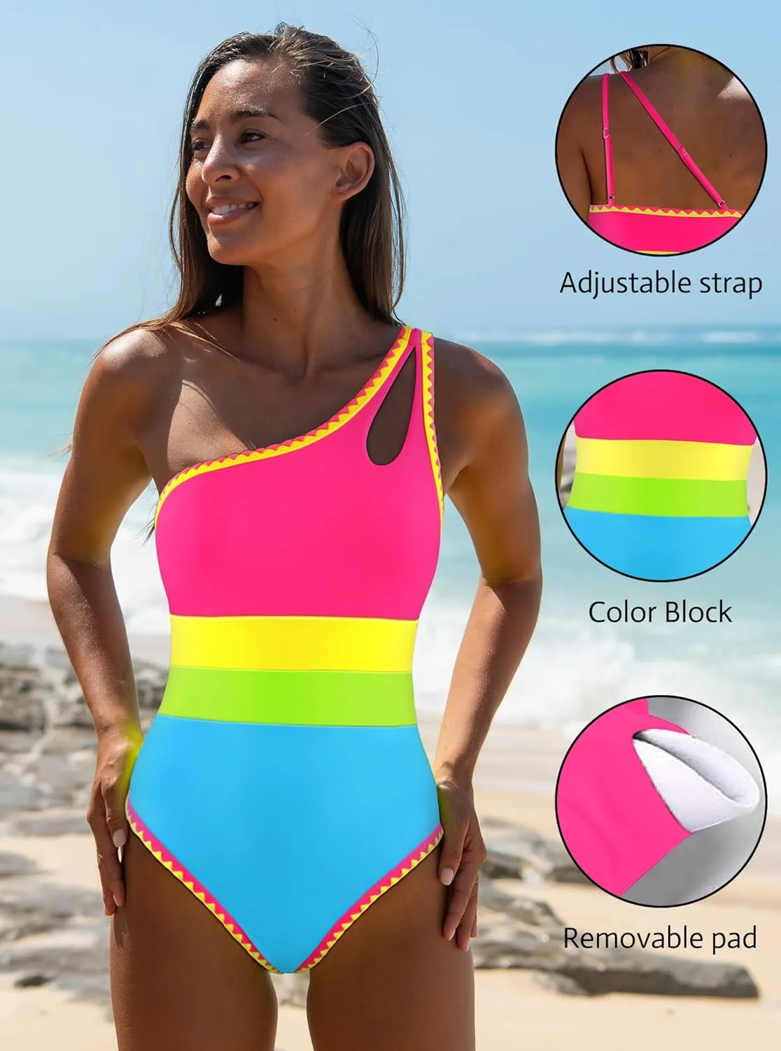 popvil Women's Sexy One Shoulder One Piece Bathing Suits Neon Color Block Swimsuits Slimming Mesh Swimwear