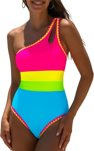 popvil Women's Sexy One Shoulder One Piece Bathing Suits Neon Color Block Swimsuits Slimming Mesh Swimwear