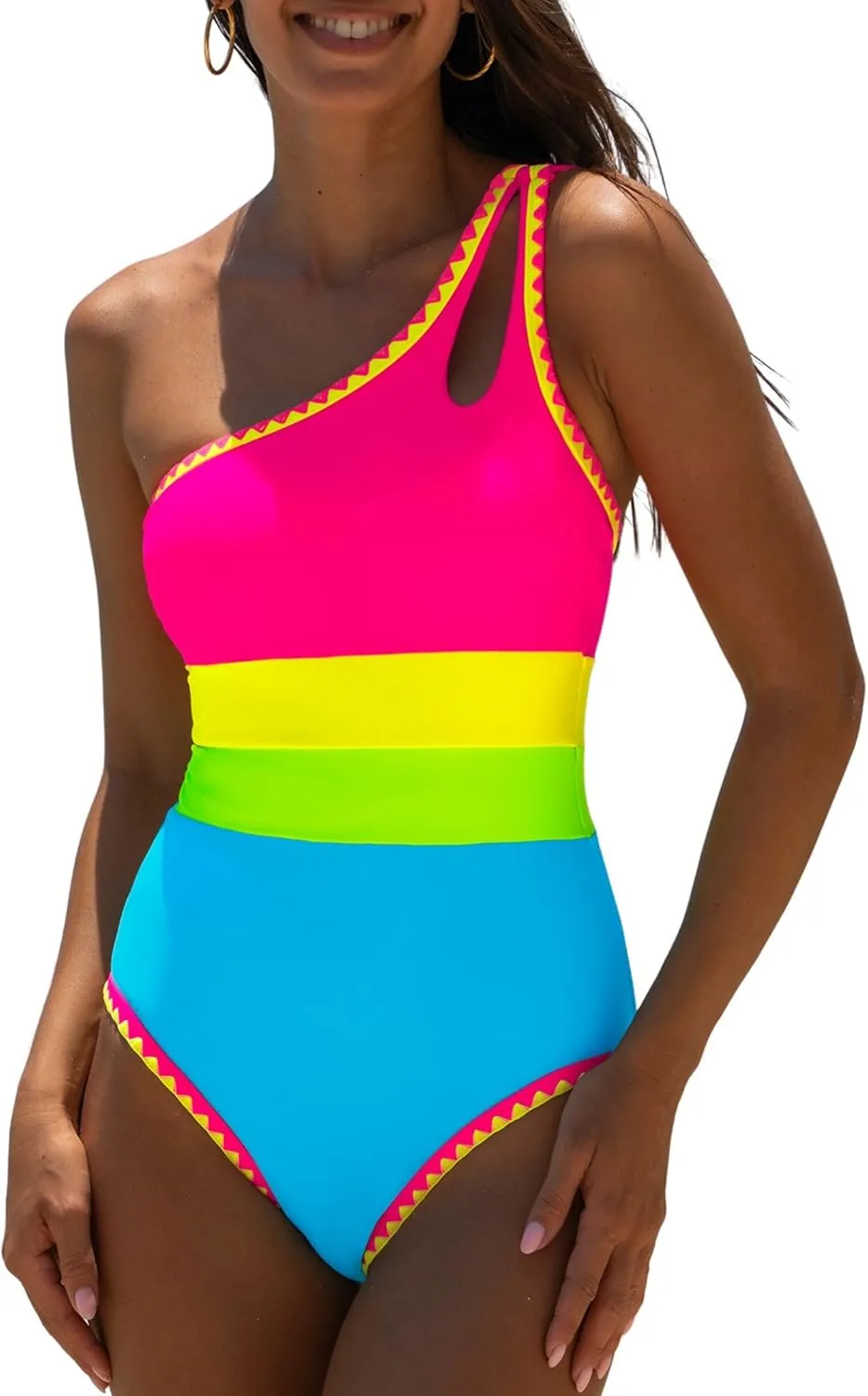 popvil Women's Sexy One Shoulder One Piece Bathing Suits Neon Color Block Swimsuits Slimming Mesh Swimwear