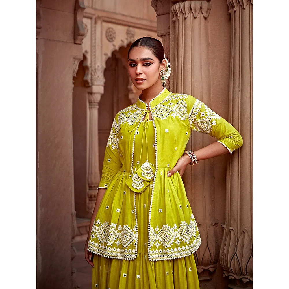 Preevin Neon Green Diamond Jacket with Anarkali (Set of 2)
