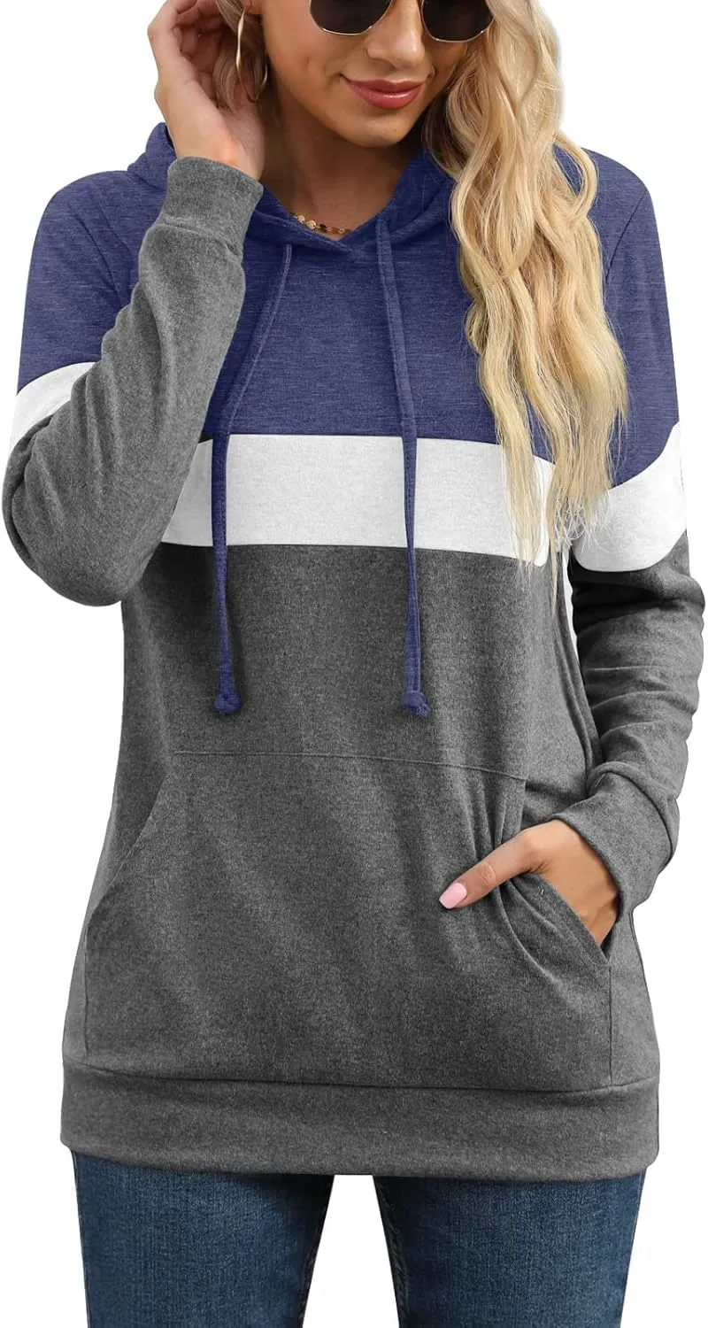 PrinStory Womens Sweatshirts Long Sleeve Casual Color Block Pullover Hoodies Fall Outfits 2024 Clothes
