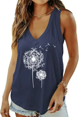 Qbily Summer Deep V-Neck Tank Tops for Women Casual Cute Sleeveless Graphic Printed Shirt