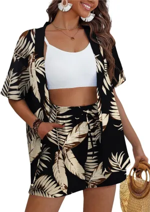 REDHOTYPE Women's 2 Piece Outfits Kimono Style Tropical Print Cover Ups Half Sleeve Blouse Shorts Set Summer Beachwear S-XL