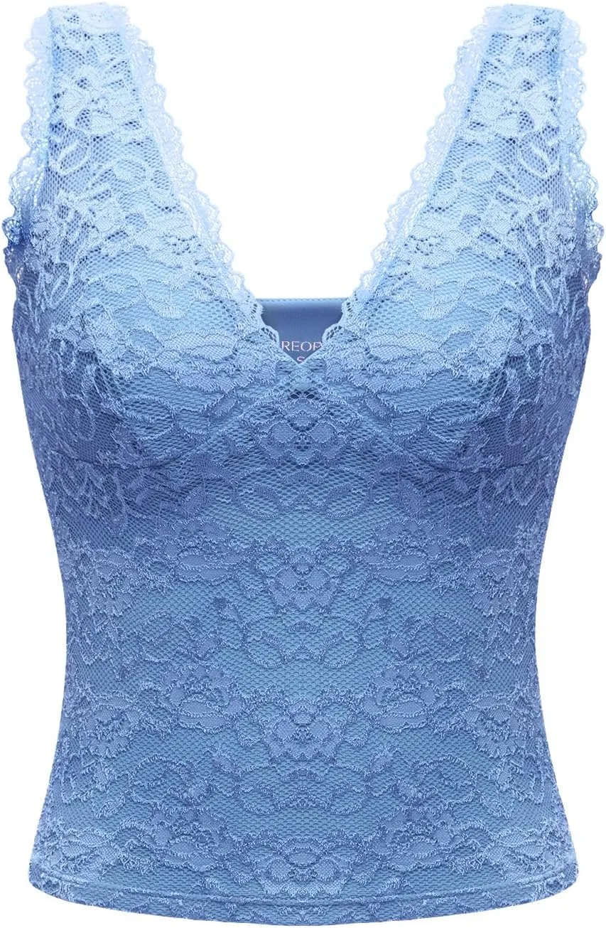 REORIA Womens Sexy V Neck Sleeveless Y2K Trendy Lace Cropped Tank Tops Double Lined Going Out Top