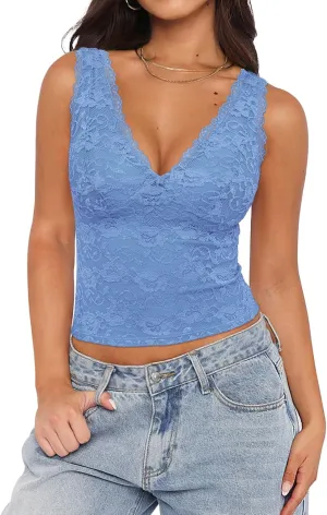 REORIA Womens Sexy V Neck Sleeveless Y2K Trendy Lace Cropped Tank Tops Double Lined Going Out Top