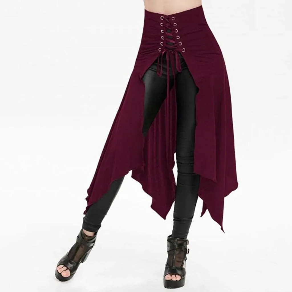 RKSTN Women Halloween Punk Skirt Asymmetric Lace-Up Slit Front Skirt Hippie Gothic Clothes High Waisted Bandage Long Skirts