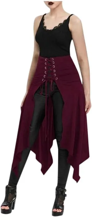 RKSTN Women Halloween Punk Skirt Asymmetric Lace-Up Slit Front Skirt Hippie Gothic Clothes High Waisted Bandage Long Skirts