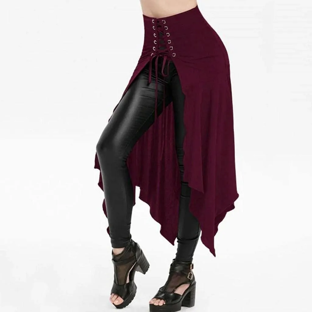 RKSTN Women Halloween Punk Skirt Asymmetric Lace-Up Slit Front Skirt Hippie Gothic Clothes High Waisted Bandage Long Skirts