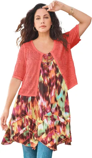 Roaman's Women's Plus Size Cropped Pointelle Short Sleeve Cardigan Sweater