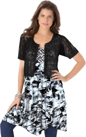 Roaman's Women's Plus Size Cropped Pointelle Short Sleeve Cardigan Sweater