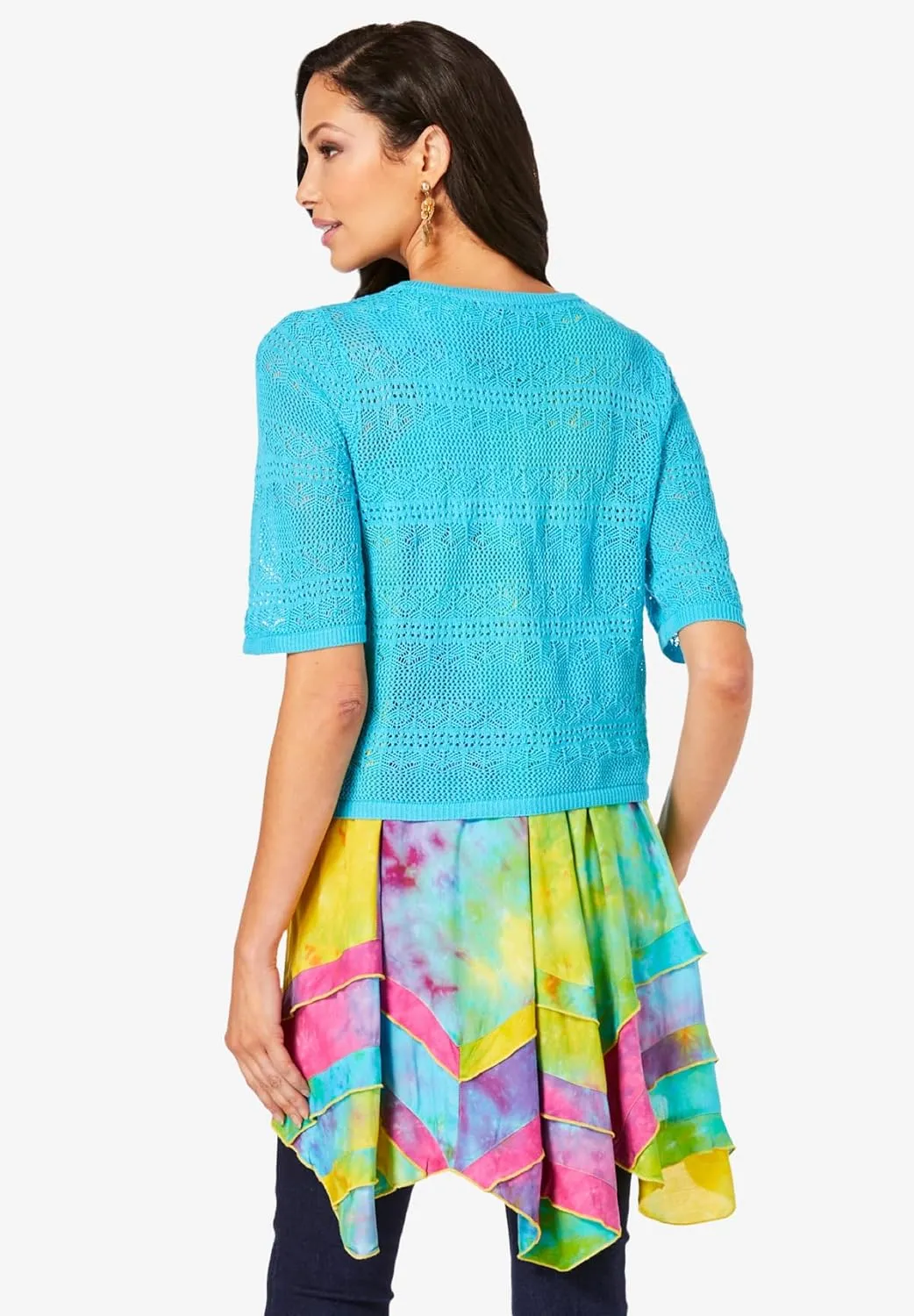 Roaman's Women's Plus Size Cropped Pointelle Short Sleeve Cardigan Sweater