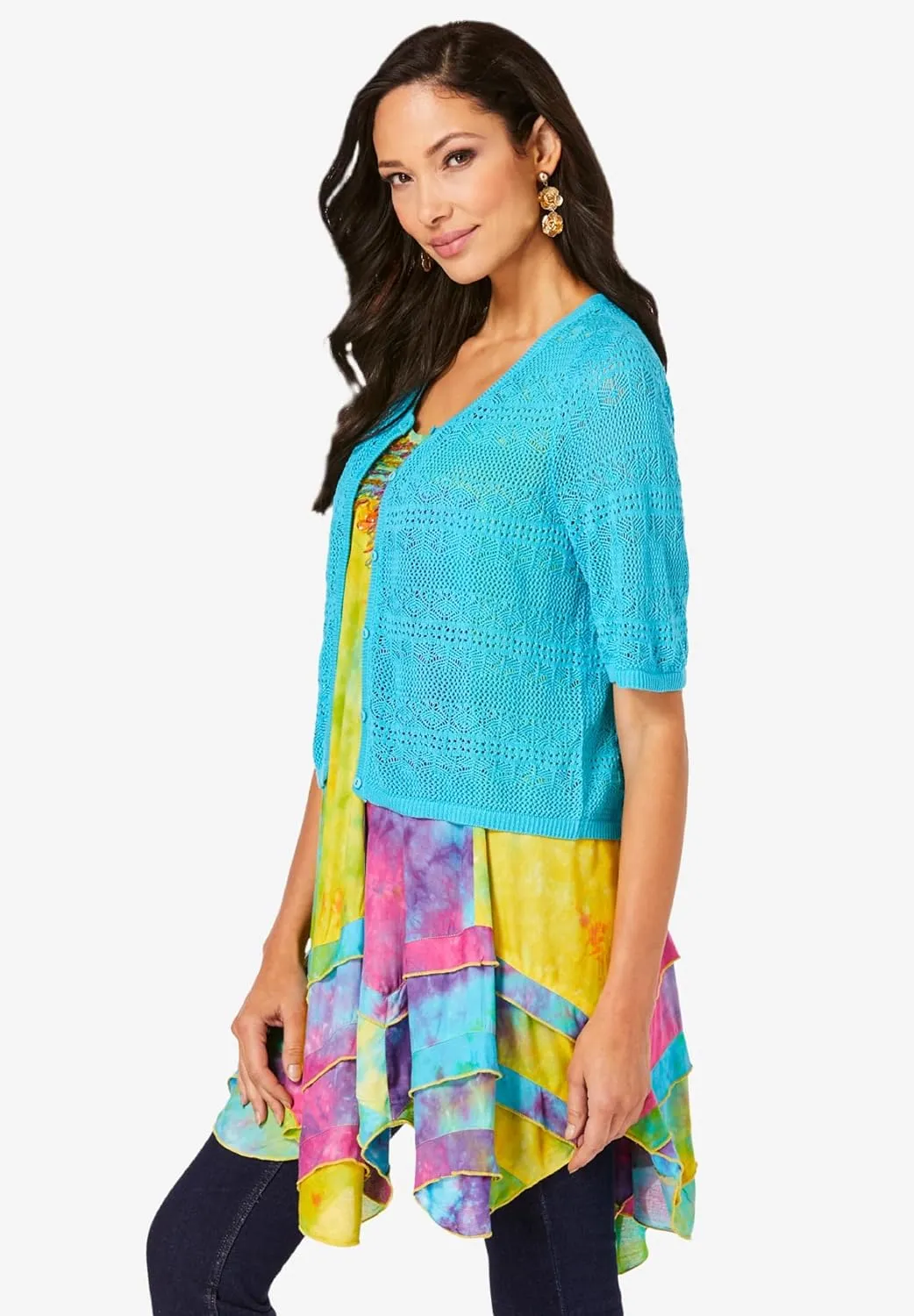 Roaman's Women's Plus Size Cropped Pointelle Short Sleeve Cardigan Sweater