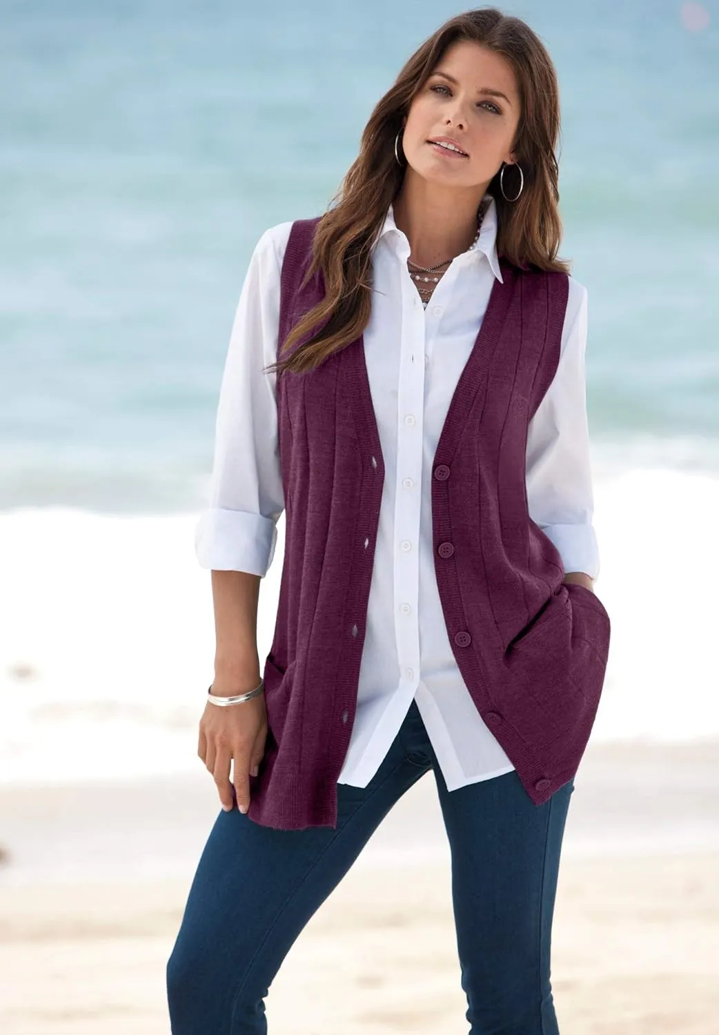 Roaman's Women's Plus Size Fine Gauge Drop Needle Sweater Vest