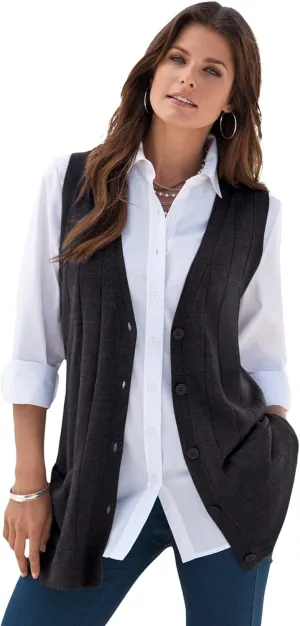 Roaman's Women's Plus Size Fine Gauge Drop Needle Sweater Vest