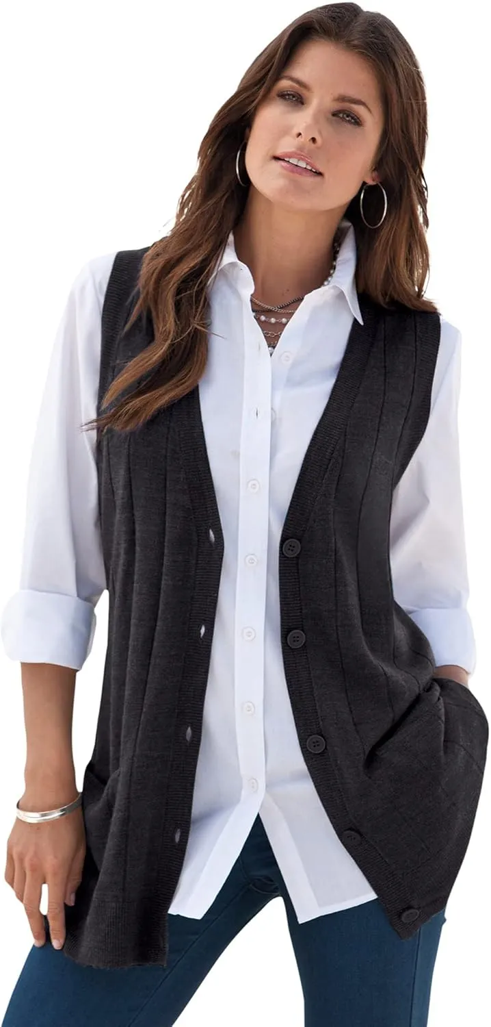 Roaman's Women's Plus Size Fine Gauge Drop Needle Sweater Vest