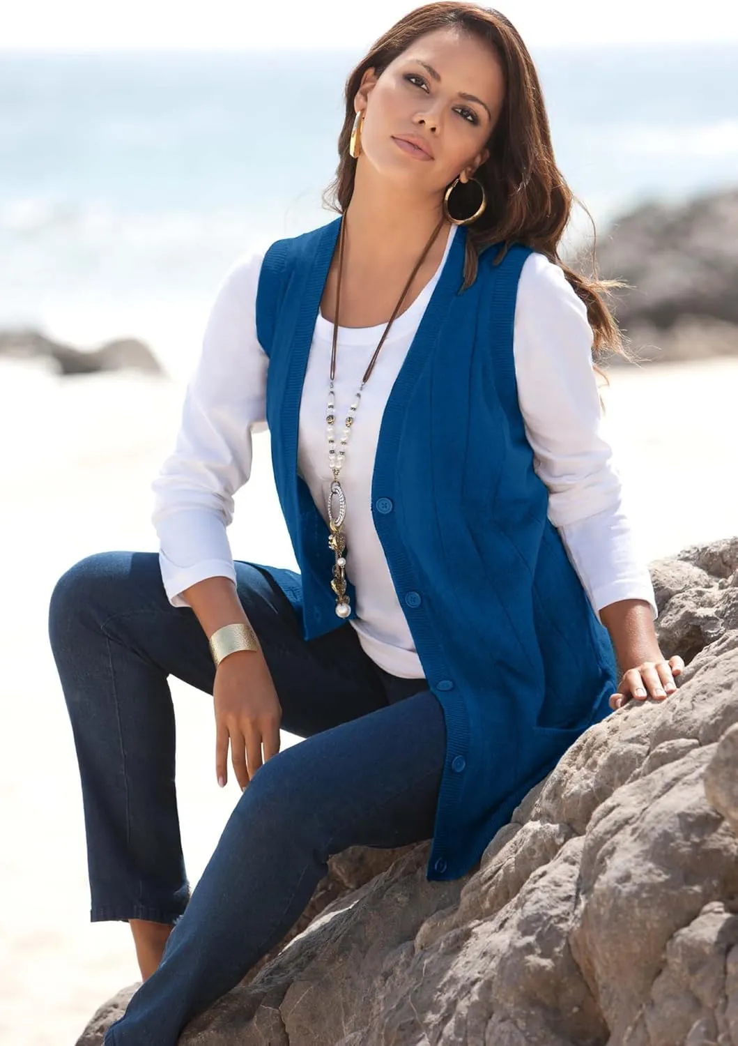 Roaman's Women's Plus Size Fine Gauge Drop Needle Sweater Vest
