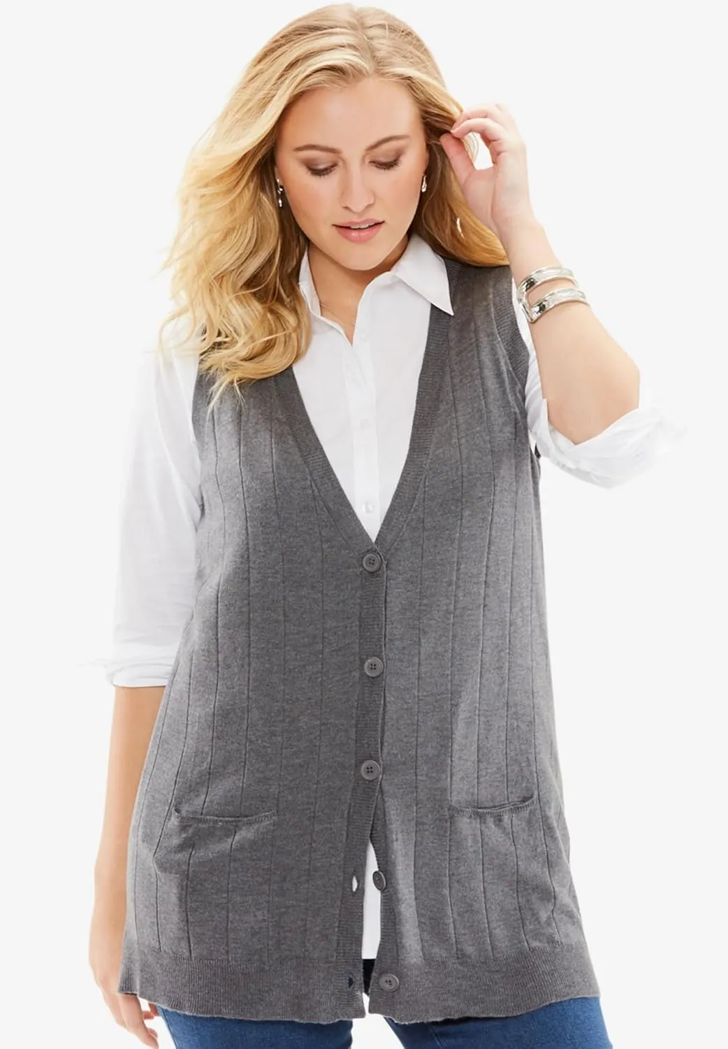 Roaman's Women's Plus Size Fine Gauge Drop Needle Sweater Vest