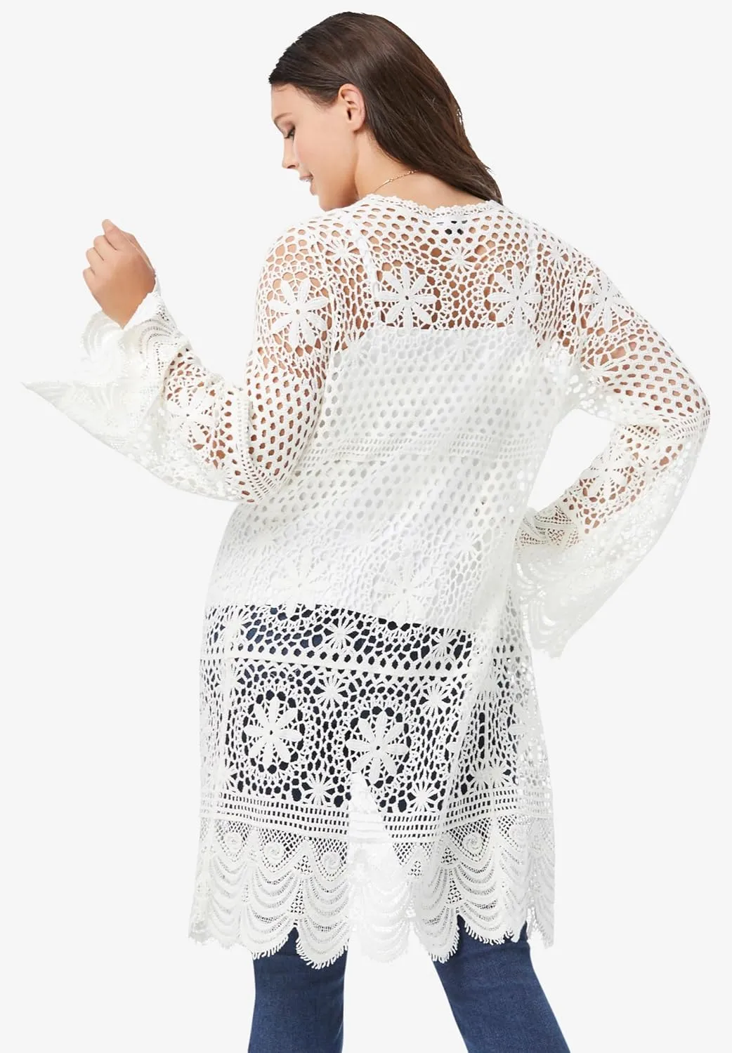 Roaman's Women's Plus Size Floral Lace Crochet Duster