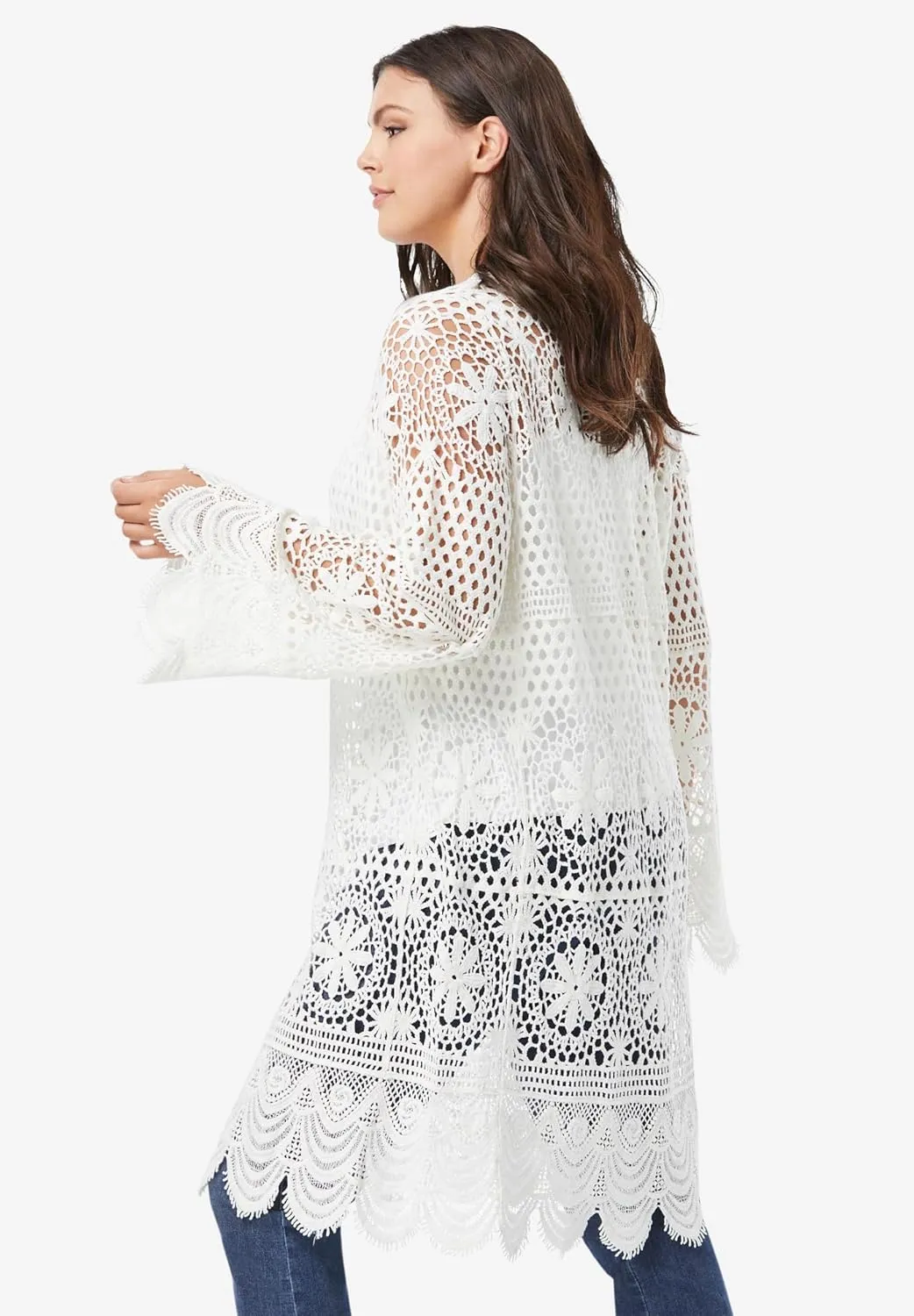 Roaman's Women's Plus Size Floral Lace Crochet Duster